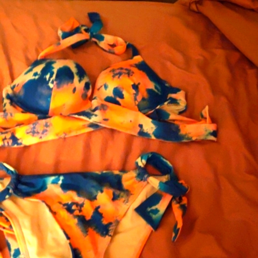 Adore Me two piece swimsuit coral and blue tie dye